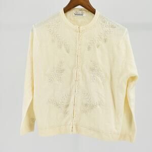 Vintage 1950s Ivory Beaded Angora Lambswool Cardigan